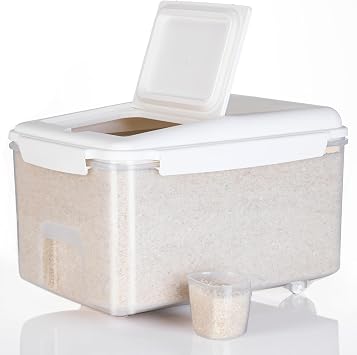 20 lb Airtight Rice Storage Container with Wheels, White | 20 lb rice or 15 lb flour capacity; airtight BPA-free bin with wheels keeps bulk dry food mobile, visible, and organized.