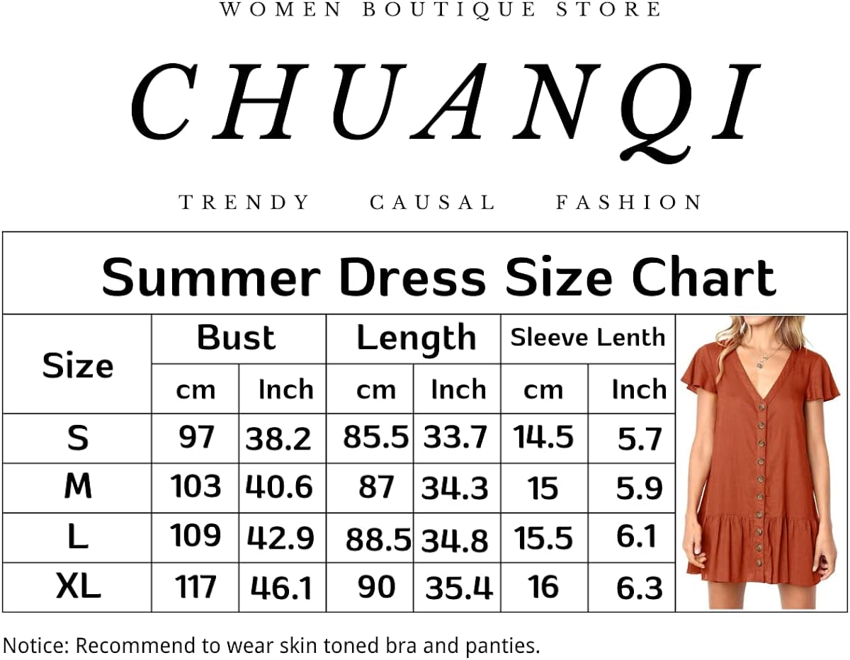Chuanqi Womens Polka Dot V Neck Button Down Ruffles Casual Loose Swing Short Mini T-Shirt Dress