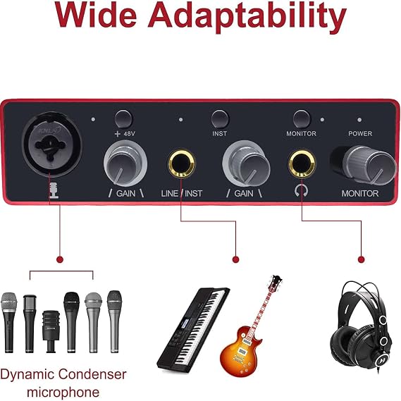 Audio Interface USB Audio Interface with Mic Preamplifier USB Audio Mixer Recorder with 48V Phantom Power, 24 Bit, Support Tablet, Computers and Other Equipment Recording (NO DAW Software included)