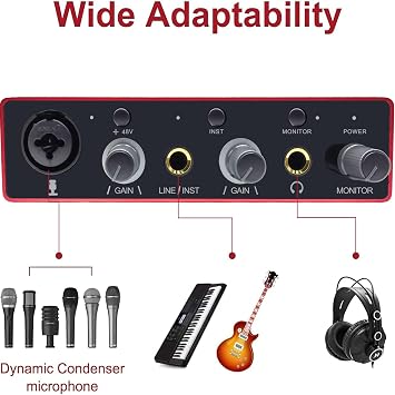 Audio Interface USB Audio Interface with Mic Preamplifier USB Audio Mixer Recorder with 48V Phantom Power, 24 Bit, Support Tablet, Computers and Other Equipment Recording (NO DAW Software included)