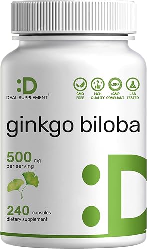 DEAL SUPPLEMENT Ginkgo Biloba 500mg por porción, 240 cápsulas, suministro de 4 meses - Cultivado en el norte de Asia - Extra fuerte, promueve la disponible en Yaxa Colombia