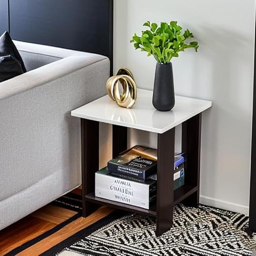 Yookeer Wooden Center Table, End Sofa Side Table, Bedside Table, Corner Coffee Table with Solid Finish Space Saving Furniture with Storage for Living Room, Bedroom, 36 x 36 x 42 cm (BLK-WHT)