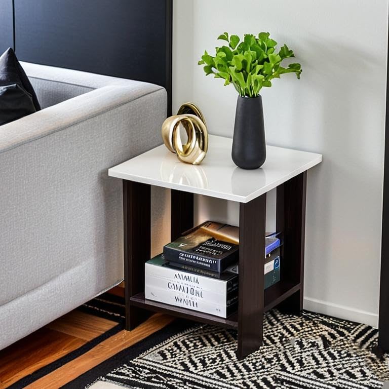 Yookeer Modern End Table with Storage Shelf, Side Tables for Bedroom, Bedside Table for Bedroom, Side Table for Bed Room, Wooden Side Table, Corner Table for Bed Room, 36 x 36 x 40 cm (Brown-White)