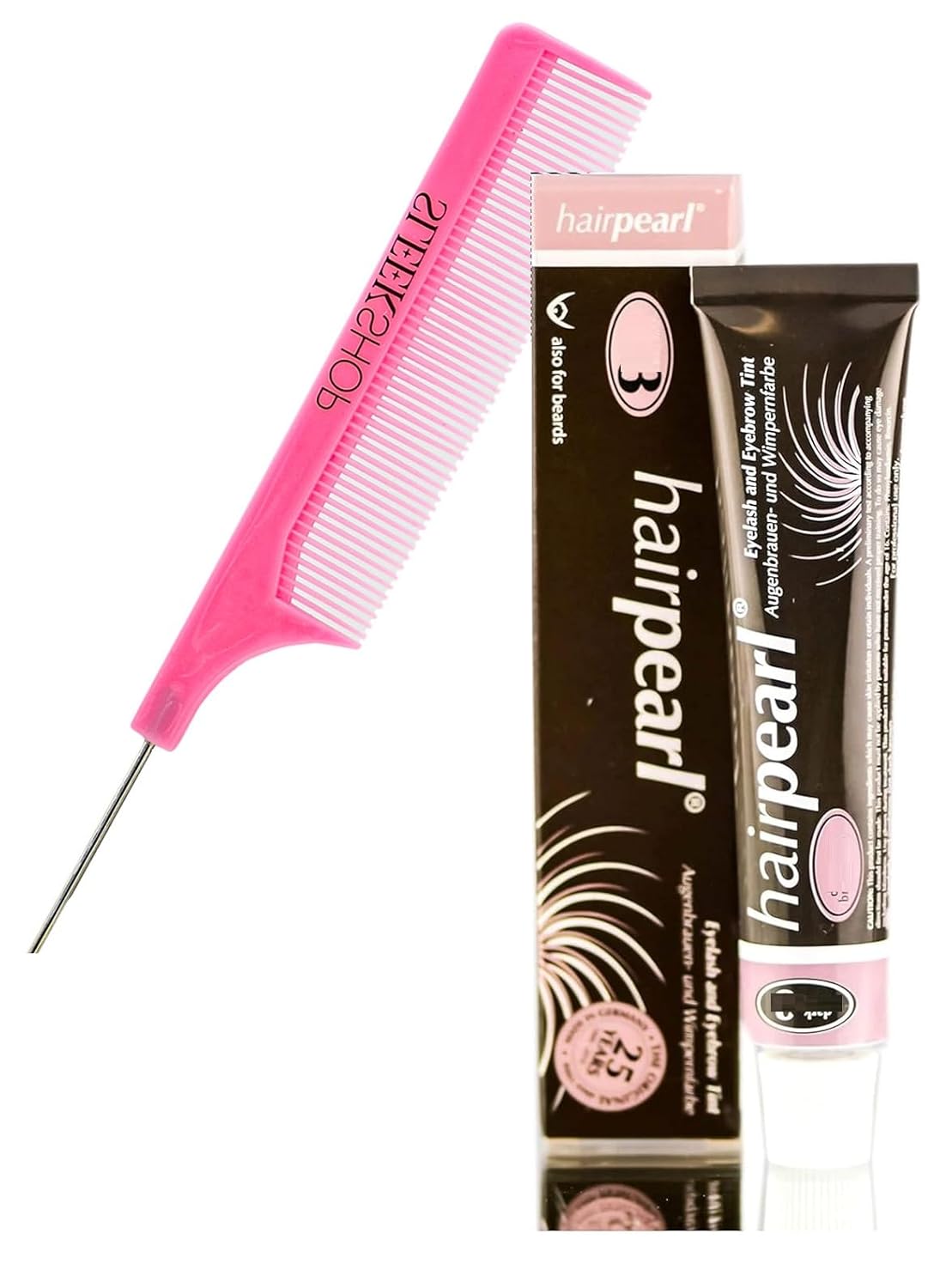 yper Hairpearl Original Hair Pearl TINT Color Dye for Iashes and broows (w/SIeekshop PINK Rat Tail Comb) Haircolor Hair Tinting, Made in Germany (No 1 Deep Black, 0.68 oz)
