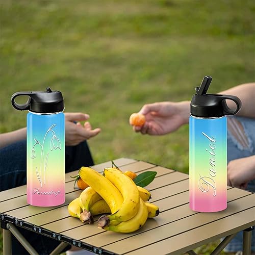 Miniatura 6 de Botellas de agua personalizadas para niños, amigos, mes de nacimiento, flores, nombre personalizado, botella de agua aislada deportiva con pajilla,