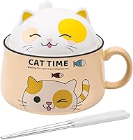 Vista 7 de Juego de tazones para ramen con palillos, lindos tazones de fideos ramen instantáneos con diseño de gato con tapa, tazones de cerámica extra grandes
