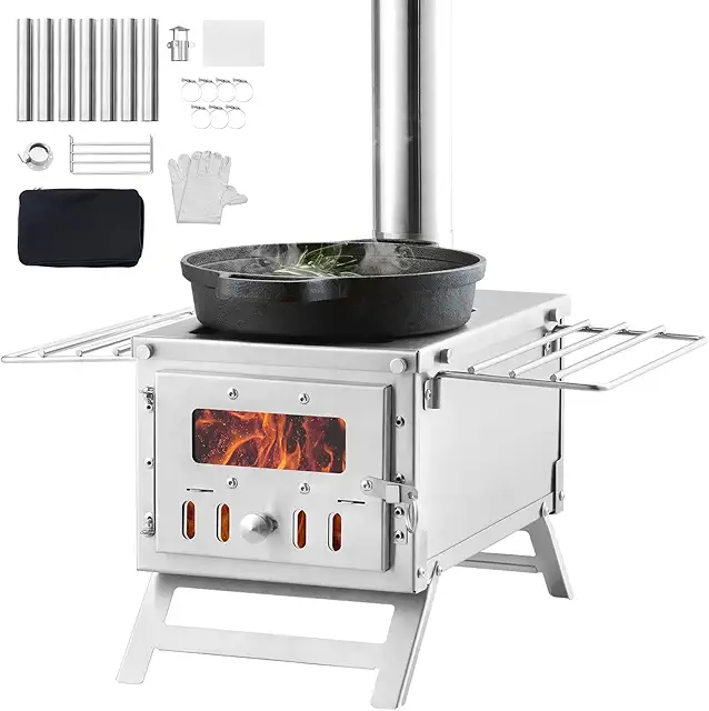 VEVOR 80" Stainless Steel Tent Wood Stove with Chimney & Gloves