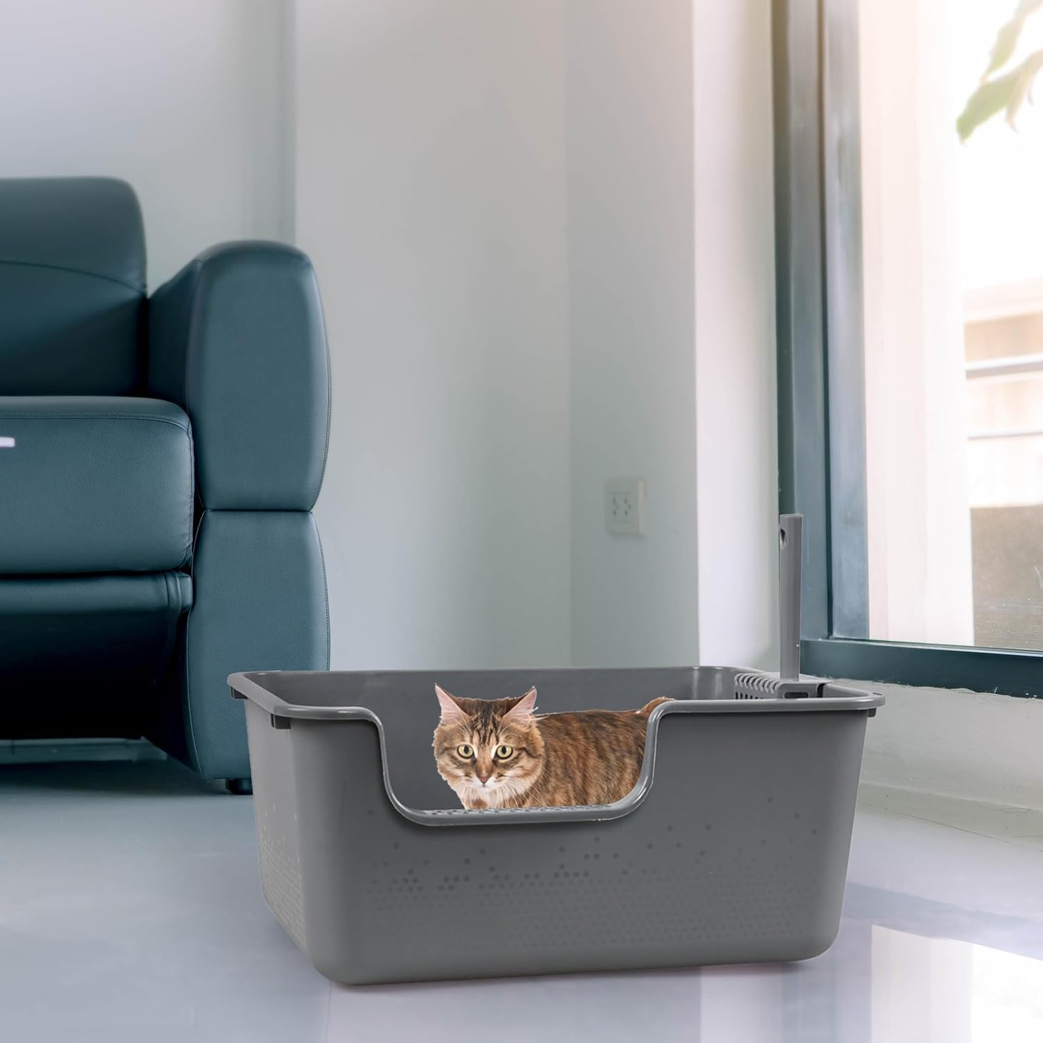 Kekow 4-Pack Anti-Splashing Kitty Litter Box with Scoop, Plastic Open High Sided Cat Litter Box, Gray