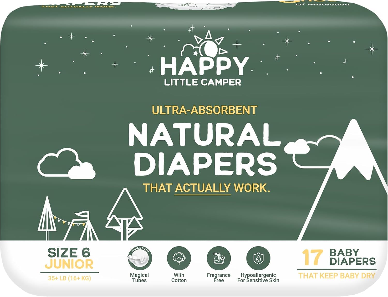 Happy Little Camper Ultra-Absorbent Natural Baby Diapers Size 6 – Hypoallergenic & Chlorine-Free Disposable Diapers Safe for Sensitive Skin – Unscented Junior Diapers – 17 Count