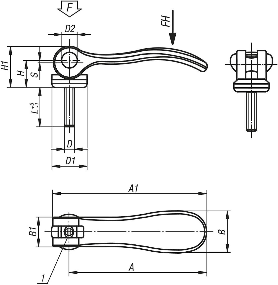 KIPP - Bedienteile | Normelemente K0006.2511108X40 Handle, Stainless Steel Thread, Position of The Eccentric Lever, variably Adjustable, 2 Pieces Made, Aluminium Black, M8X40