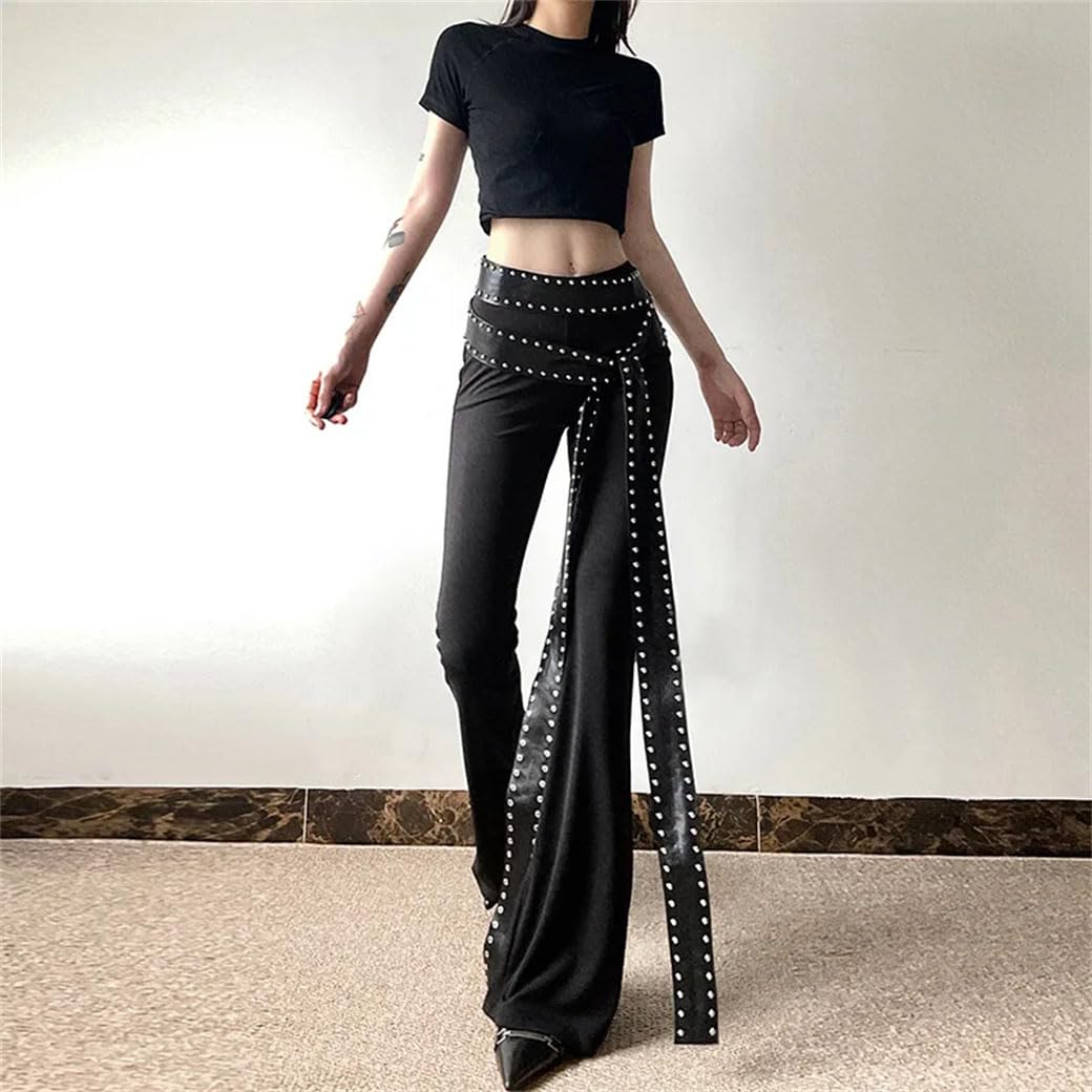 Pantaloni a Zampa a Vita Alta da Donna, Pantaloni Casual in Stile Gotico, Pantaloni Aderenti con Cintura in Pelle (Nero M)