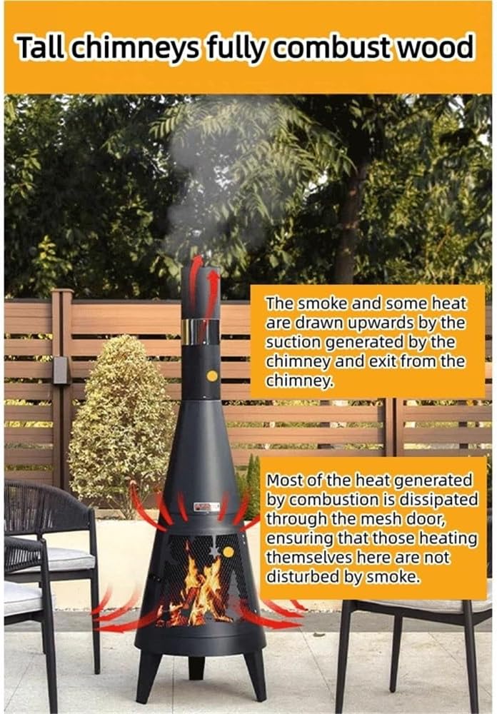Modern Chiminea Outdoor Fireplace with Chimney, Cold-Rolled Steel Patio Fire Pit with Mesh Door, Burning Fireplace for Heating and Cooking for Backyard, Patio