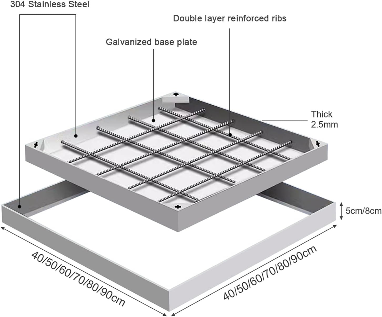 Heavy-Duty Recessed Stainless Steel Manhole Cover & Frame, 5/8cm Height, Invisible Driveway & Patio Lid, Durable 60x60cm Paving Access Panel Solution