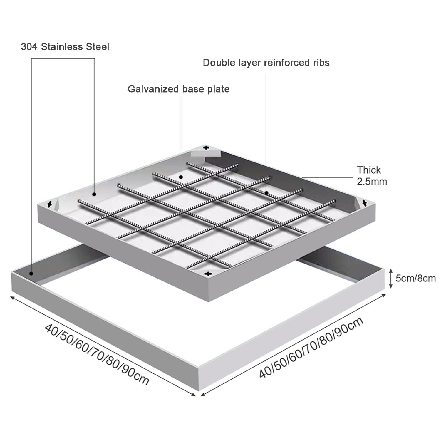 Tapa de alcantarilla empotrada Invisible - Marco de Acero Inoxidable 304, Perfil bajo de 5 cm/8 cm de Altura, Duradera y Resistente, Ideal para Uso en Exteriores e Interiores (50 x 50 cm).