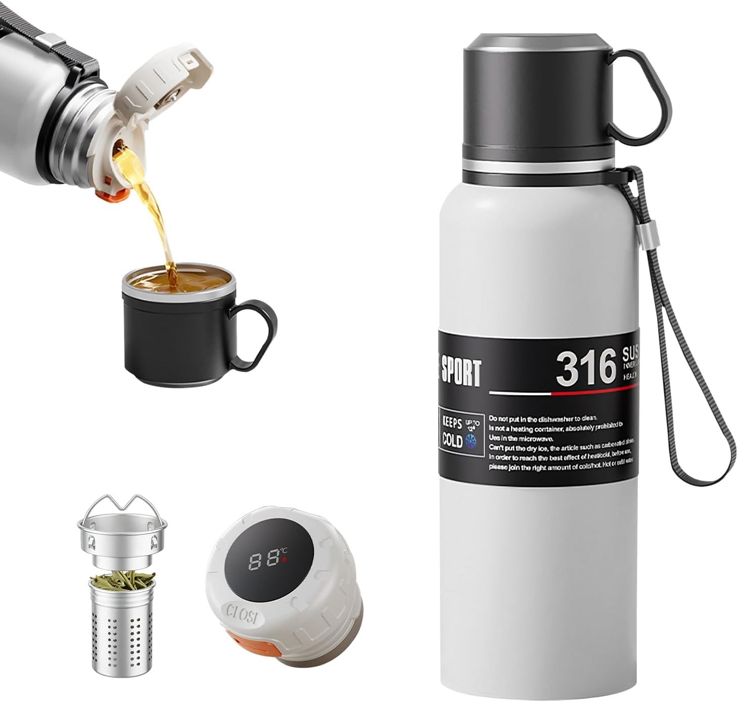 Double wall vacuum Leakproof stainless steel wide mouth insulated water bottle;tea tumbler with infuser,cup,lid;smart thermoses hot coffee;thermal flask ice drinks with led digital temperature display