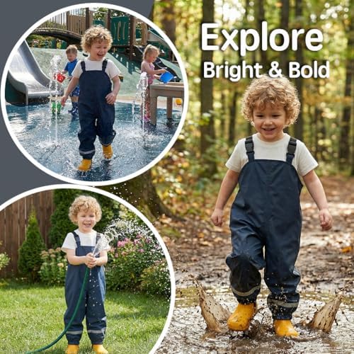 Sayyea Toddler Waterproof Rain Bib Pants, Kids Rain Pants Boys Girls Rain Trousers Lightweight Mud Pants Rainwear Navy — view 4