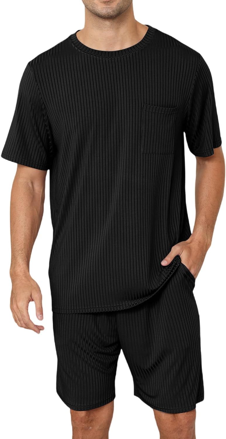 EISHOPEER Matching Pajamas for Couples 2 Piece Lounge Set Ribbed Knit Pajama Matching Tops and Shorts Soft Sleepwear S-XXL