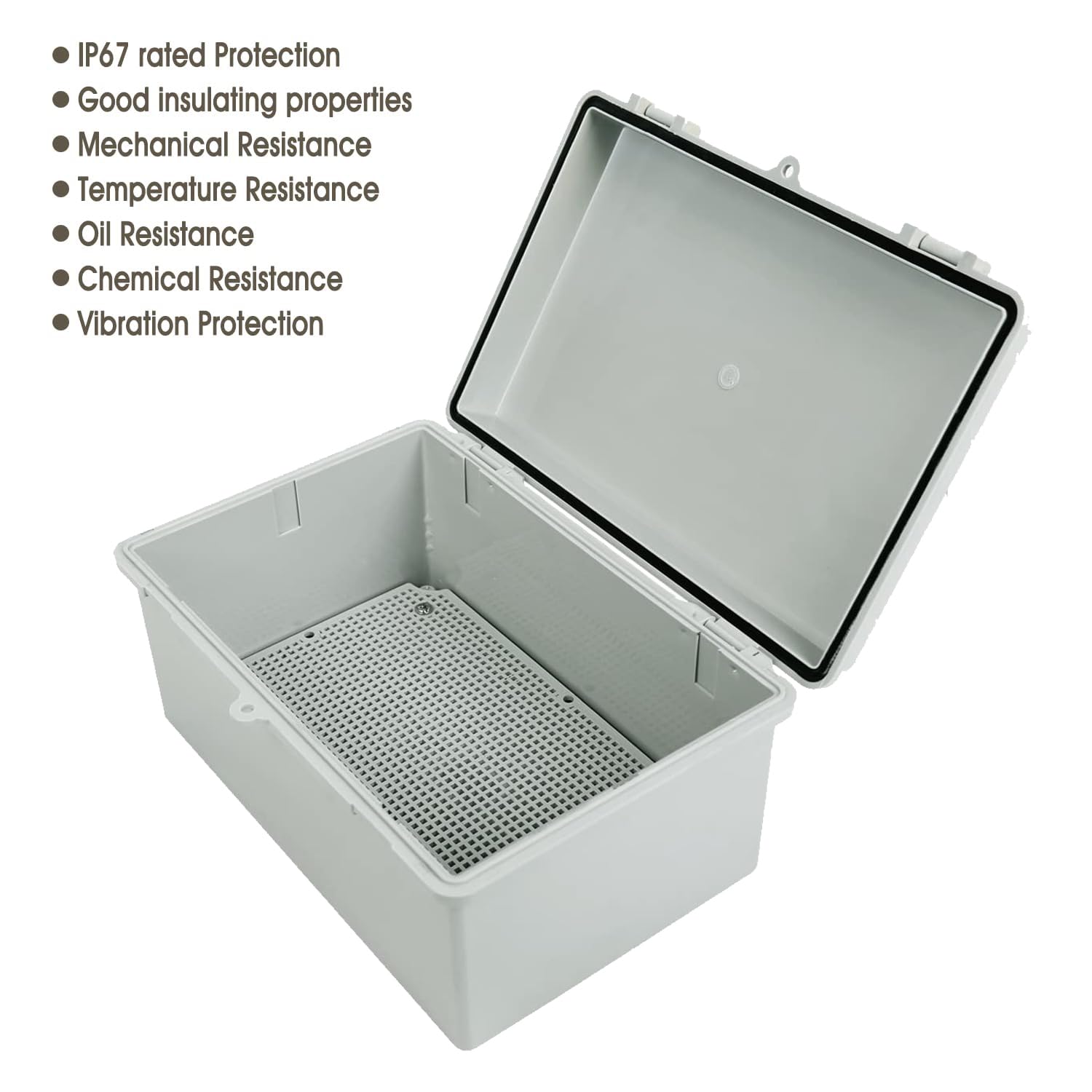 PCA Latch Junction Box with Hinged Cover, 11.4"×7.5"×5.5" Electrical Box, IP67 Waterproof Dustproof, ABS Plastic Boxes for Electrical Project, with Mounting Plate & Universal Wall Bracket & Cable Glan