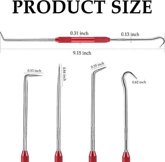2PCS CarbonSteel Hook Tool and Pick Set,Double End Pick and Hook Set Auxiliary Dismantling Fittings,Universal O Ring Pick Set and Hook Tool Car Accessories Fit for Most Cars (Red)