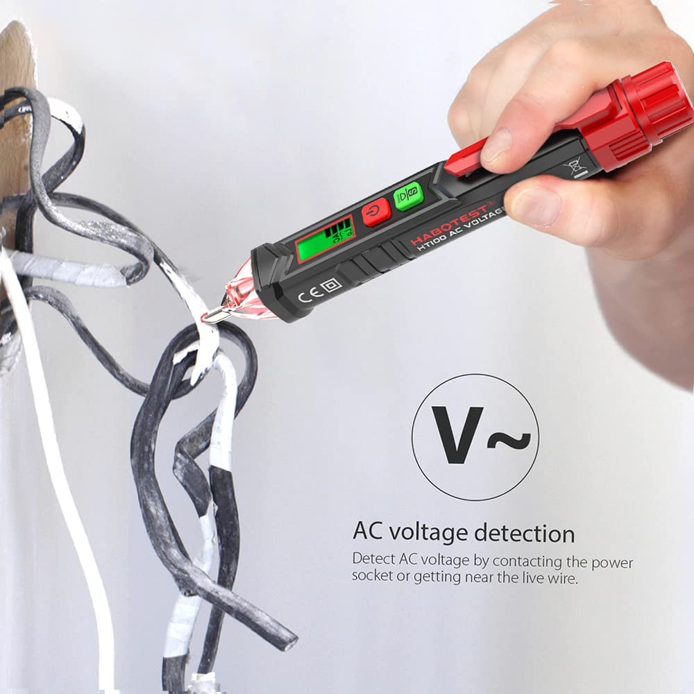 Kaiweets AC bezdotykowy próbnik napięcia/fazy,tester prądu AC 12-1000V/48V-1000V, brzęczyk akustyczny i kontrolka, z wyświetlaczem LCD i latarką