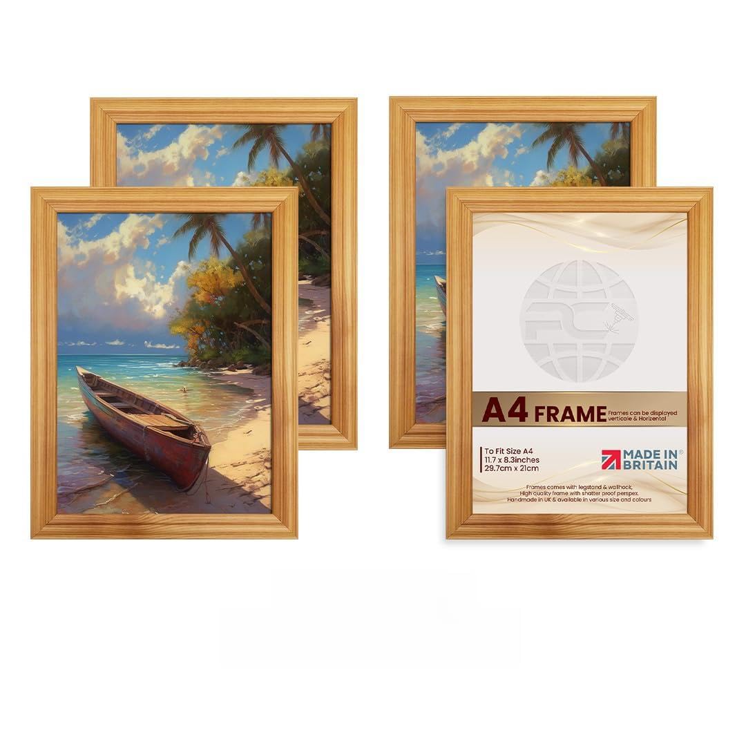 Procut Global Picture Frames A4 Country Pine (Pack of 4) - Classic A4 Frames With Safe Perspex Front & Wall Hanging Hooks - Premium Synthetic Wood - Handmade Frames