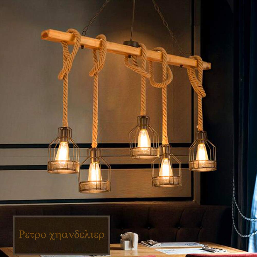 Suspension En Bois Rustique Chanvre Corde Plafond Pendentif Lumière Industriel Suspendu Lumière Rétro Métal Fer Cage Lampe Lustre Pour Cuisine Salon Salle À Manger Restaurant Décoration E27*5