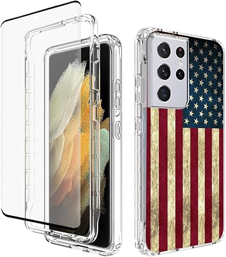 Tothedu Funda de teléfono para Galaxy S21 Ultra 5G SM-G998U con protector de pantalla de vidrio templado, bonito patrón de bandera transparente,