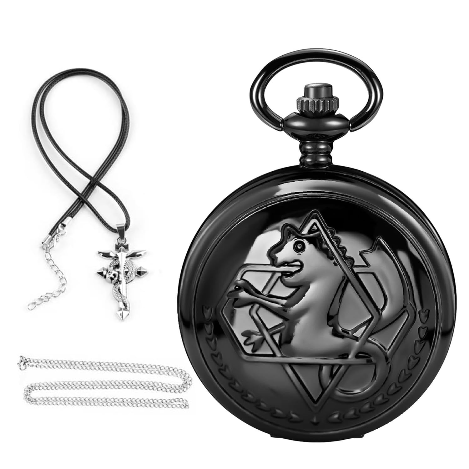 Tiong Retro Silver Quartz Pocket Watch Men Fashion Full Metal Alchemist Necklace Fob Watches for Christmas Graduation Birthday Gifts Fathers Day