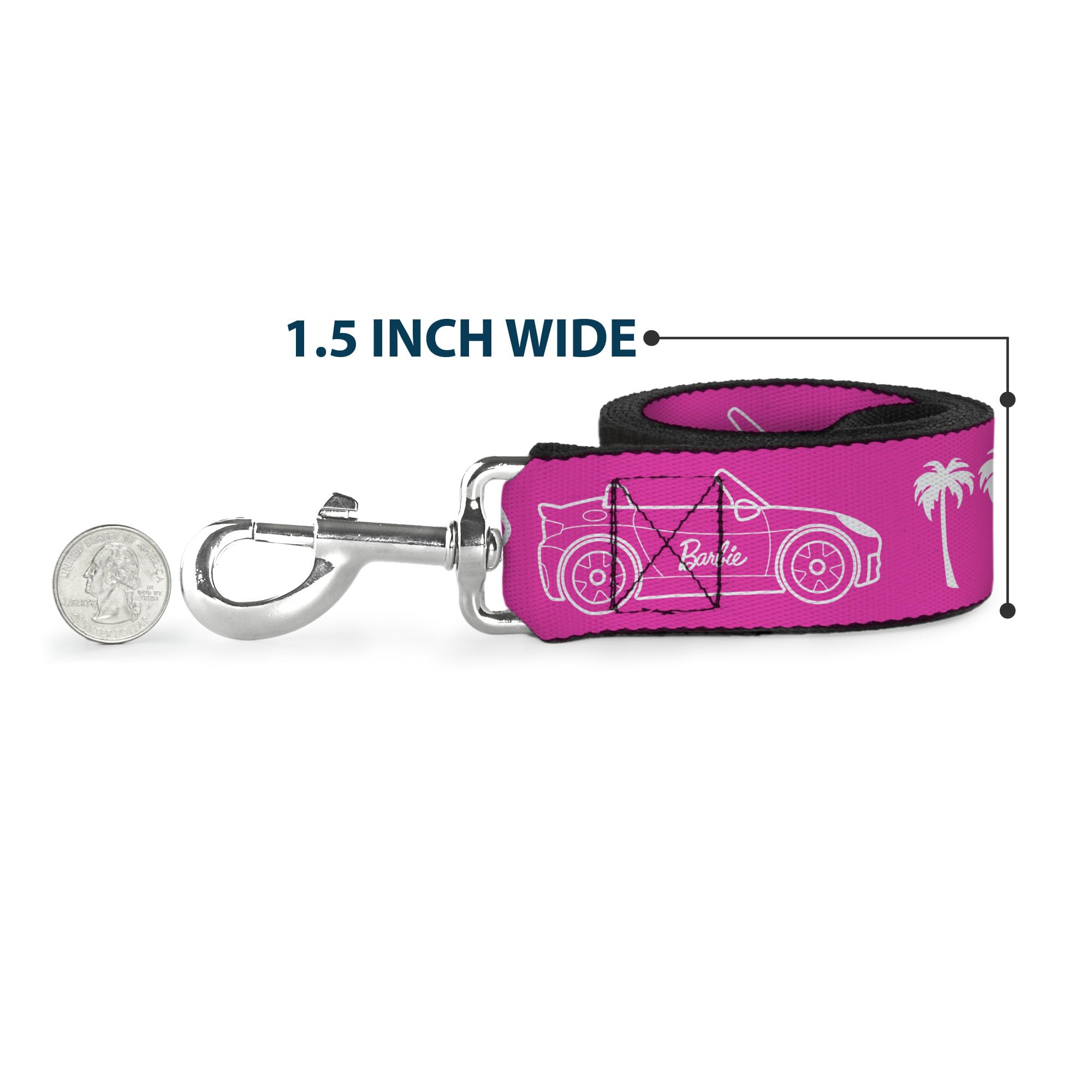Mattel - Correa para Mascotas, Correa para Perro, Firma e Iconos de Barbie Script Rosa y Blanco, 6 pies de Largo 1.5 Pulgadas de Ancho