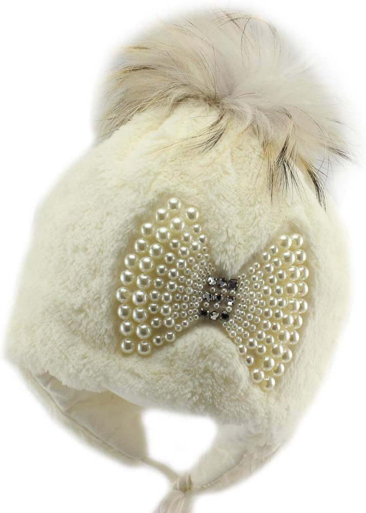 Girls Warm Winter Natural Fur Pom Pom Ear Flap Beanie Hat (Margot)
