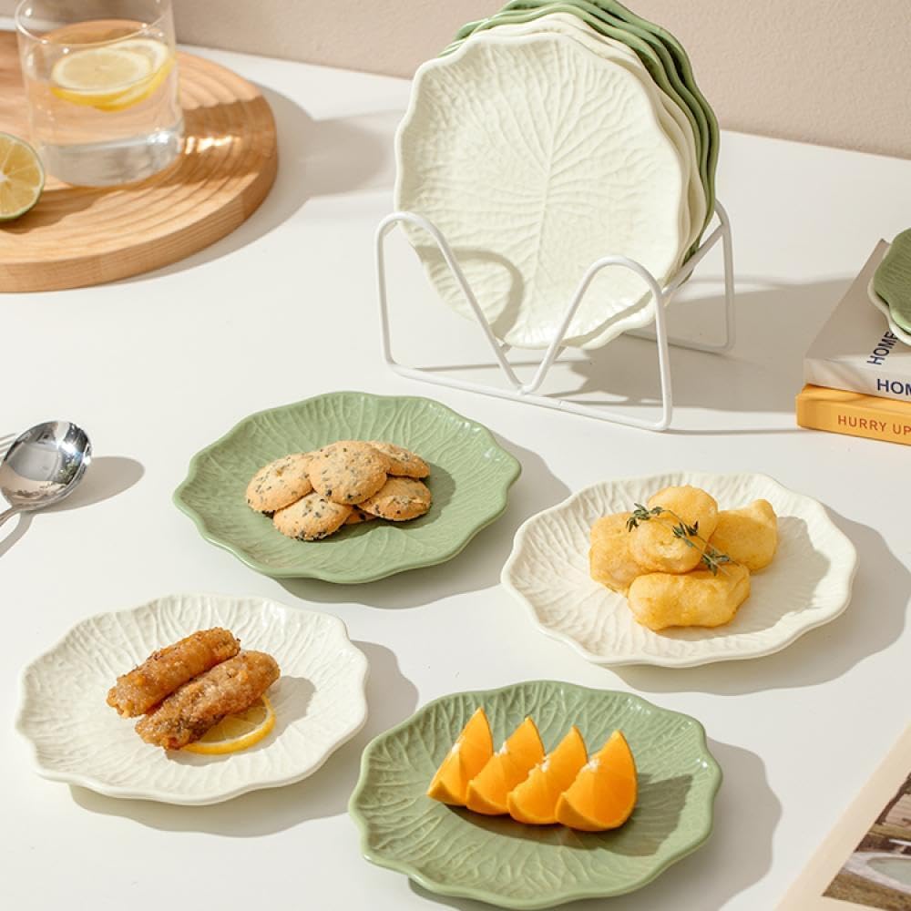 Sizikato 6pcs Porcelain Snack Plates, 6-Inch Embossed Ceramic Dessert Plates Fruit Plates