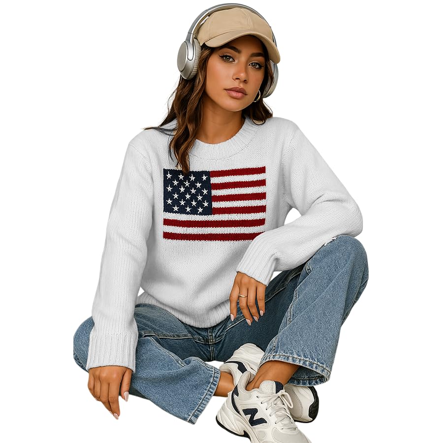 Noni Women's American Flag Pattern Long Sleeve Lightweight Round Neck Sweater Casual Loose Pullover Sweater2