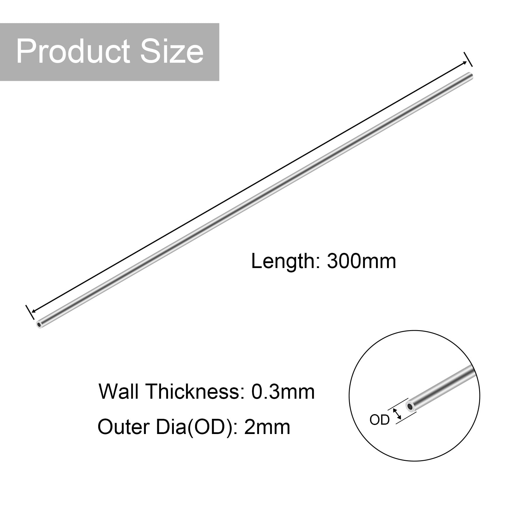 Lot de 3 tubes ronds en acier inoxydable 304, 2 mm de diamètre extérieur x 0,3 mm d'épaisseur, 300 mm de long, tubes droits industriels droits et ronds