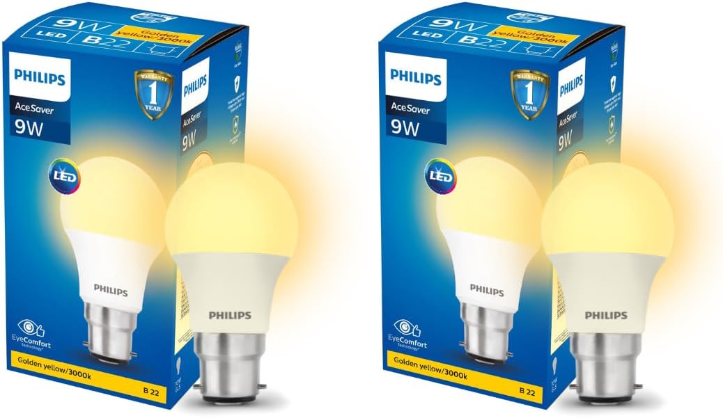 Philips 9-Watts B22 LED Warm White(Golden Yellow) LED Bulb, Pack of 2, (Ace Saver)