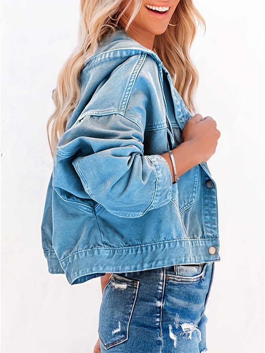 Women's Denim Jacket Jean Lightweight Trendy Soft Oversized Cropped Hooded Jacket