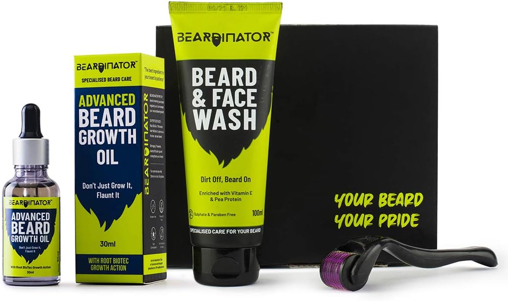 Beardinator 3 Step Advanced Beard Growth Kit | For Faster Beard Growth | Combo of Advanced Beard Growth Oil, Beard & Face Wash and Beard Activator (Derma Roller)