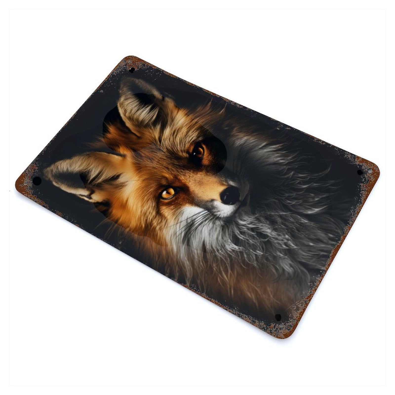 Distressed Metal Wall Sign Gold Dark Red Fox 11.8"x7.9", Vintage Wall Decor for Garage, Bar And Workshop Decor