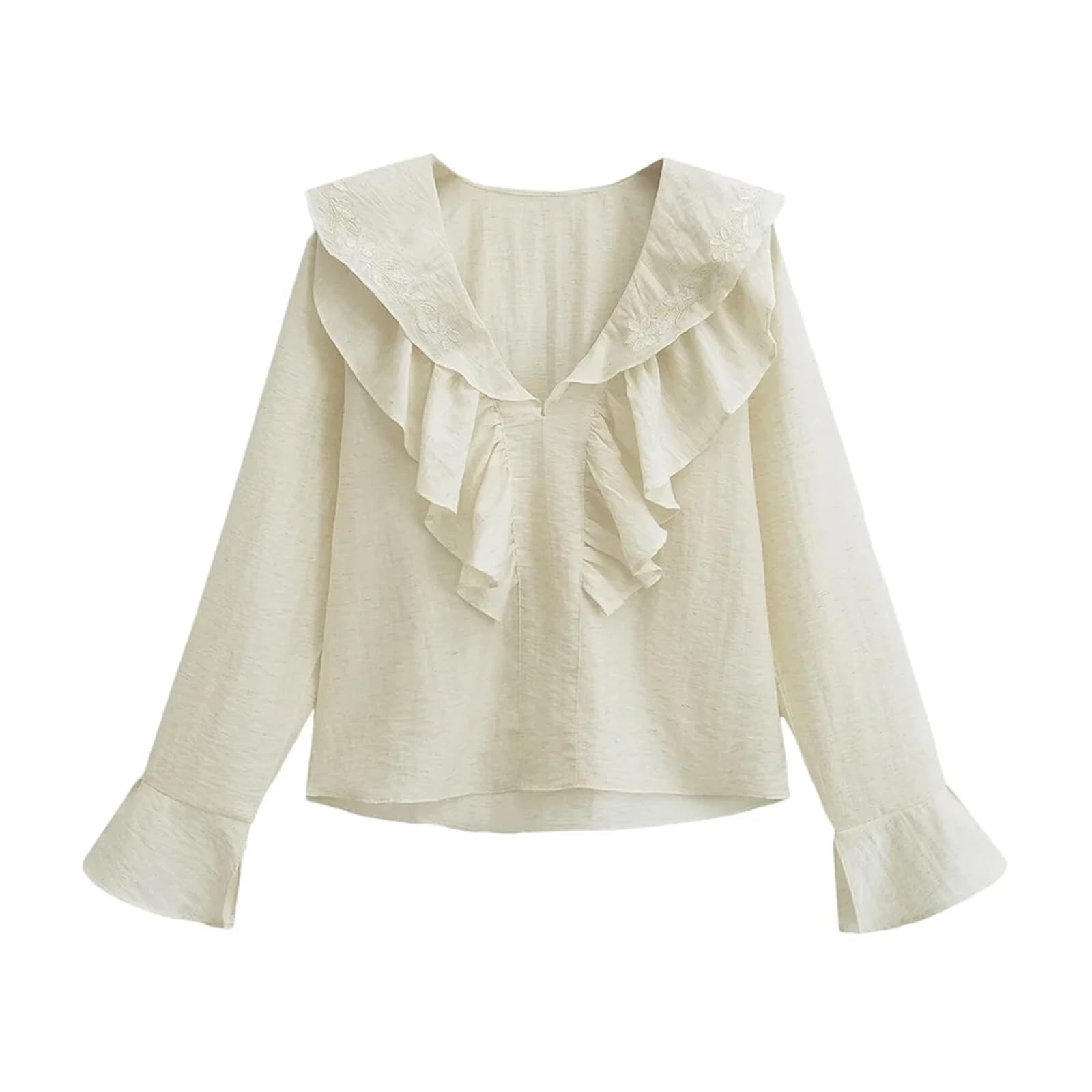 Camisa de manga larga con bordado blanco con volantes para mujer