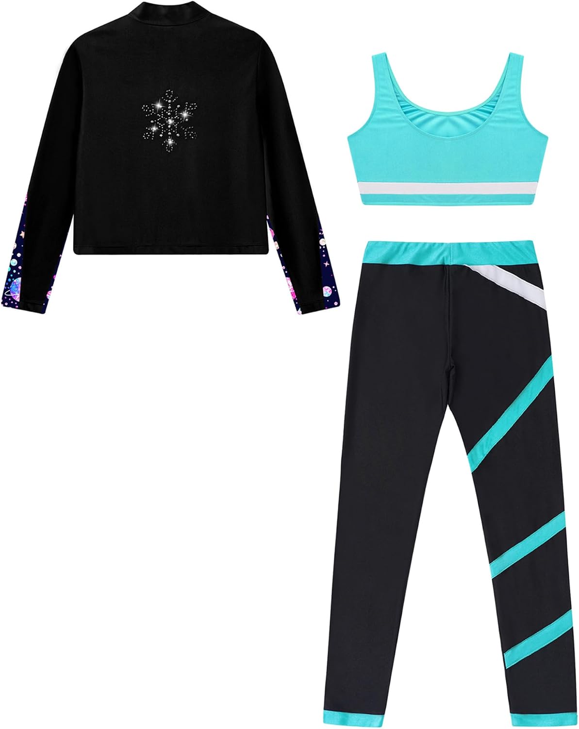 Kids Girls Dance Sports Bra Crop Top with Pant Jacket Set 3Pcs Gymnastics Figure Ice Skating Outfits Tracksuit
