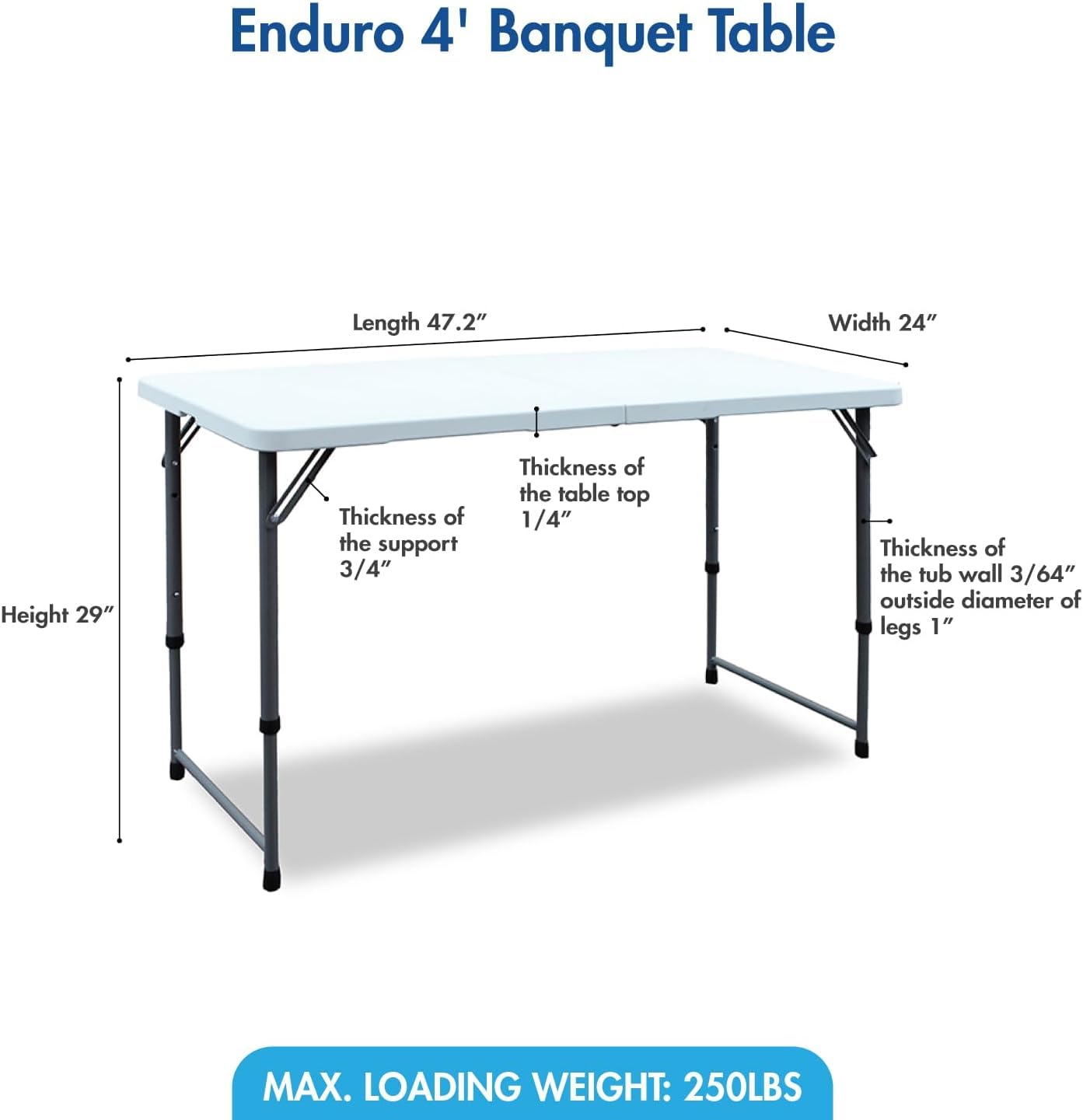 Enduro 4' Banquet Table, Folding Table with Adjustable Heights