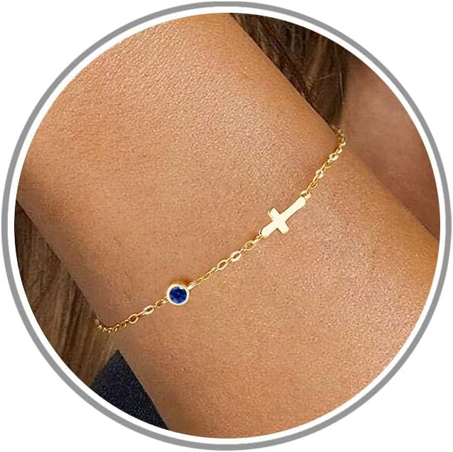 Cross Bracelet with Birthstone Dainty Gold Bracelets for Women Birthday Gift Christian Gifts for Her Religious Faith Baptism Confirmation Gifts for Teen Girls Christmas Jewelry for Sister Daughter Granddaughter Girlfriend