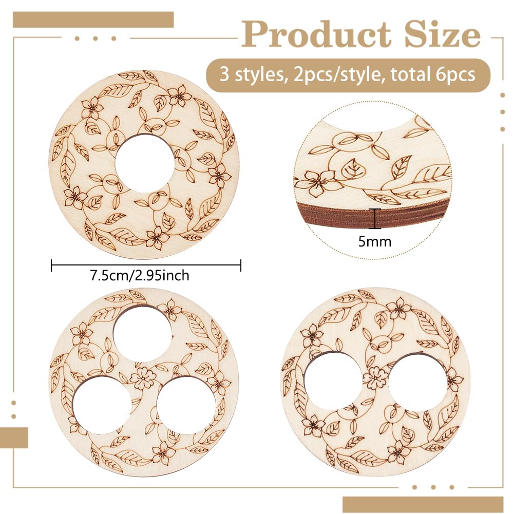 BENECREAT 6 Pcs 3 Styles Wooden Wick Centering Tool, 2.95 Inch Engraved Patterned Wick Holder, 1-Hole 2-Hole 3-Hole Candle Wick Stabilizer for Candle Making DIY