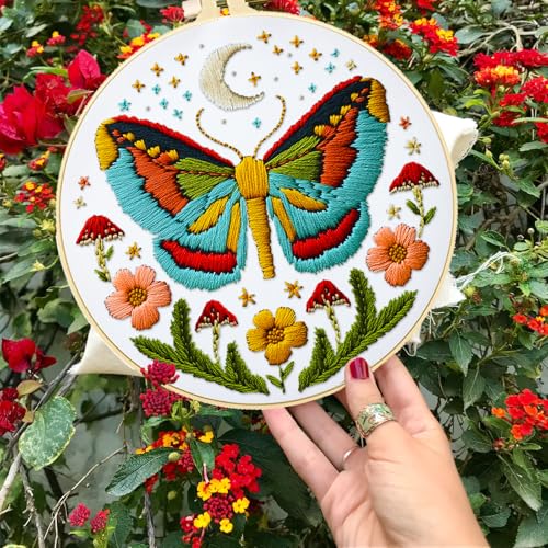 Image of INFUNLY 4 Sets DIY Insect Pattern Embroidery Kits for Starter 11.8 inchx11.8 inch Flowers Plants Embroidery Hoop kit Handmade Bees Embroidery Kits Moth Needlepoint Kit with Instruction for Adults Beginners