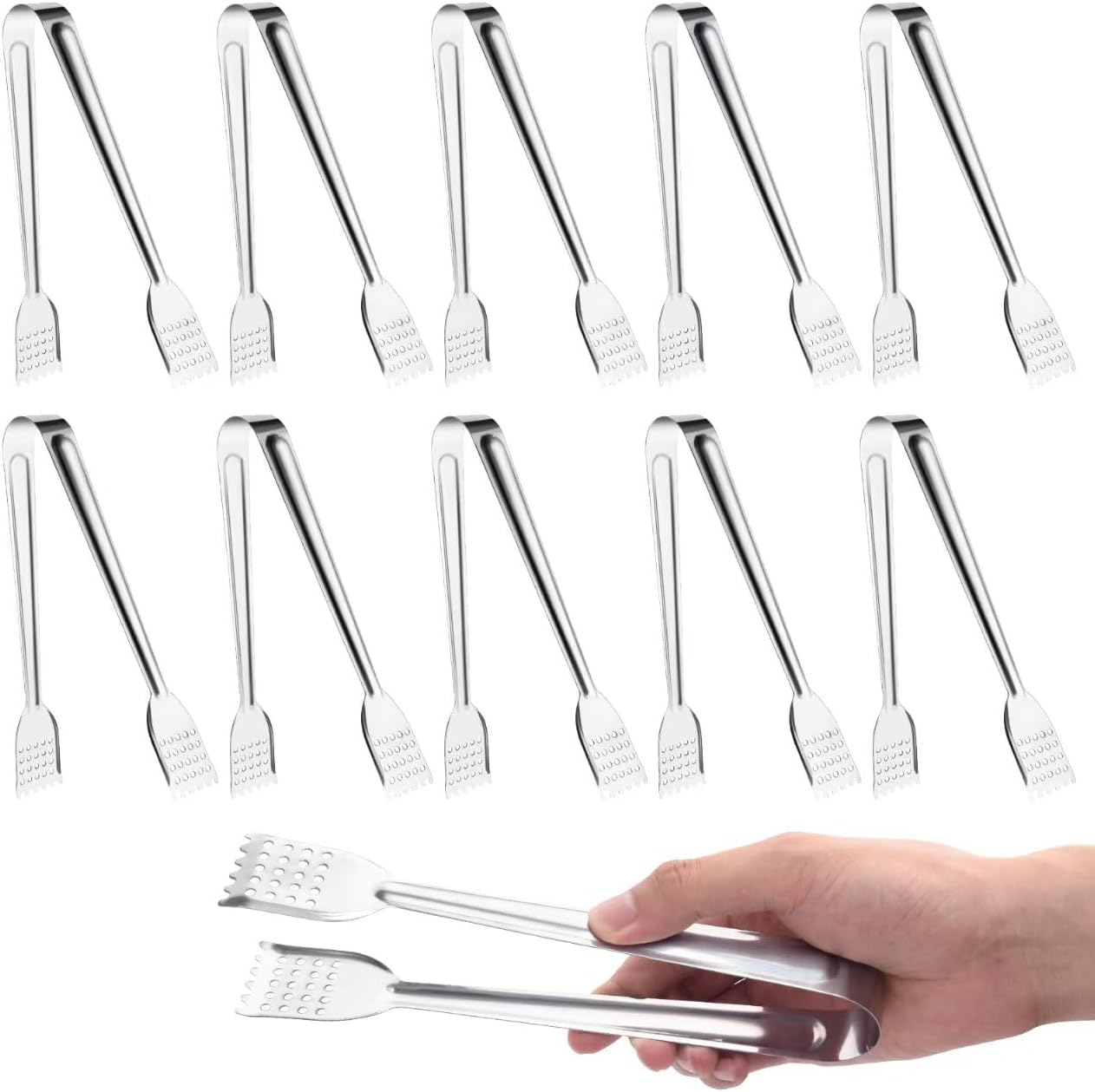 10 Pack Buffet Serving Tongs, 7-Inch Stainless Steel Mini Tongs with Serrated Tips, 0.2mm Thick, for Appetizers, Salad Bar, Desserts, Ice & Sugar, Dishwasher Safe (Silver)