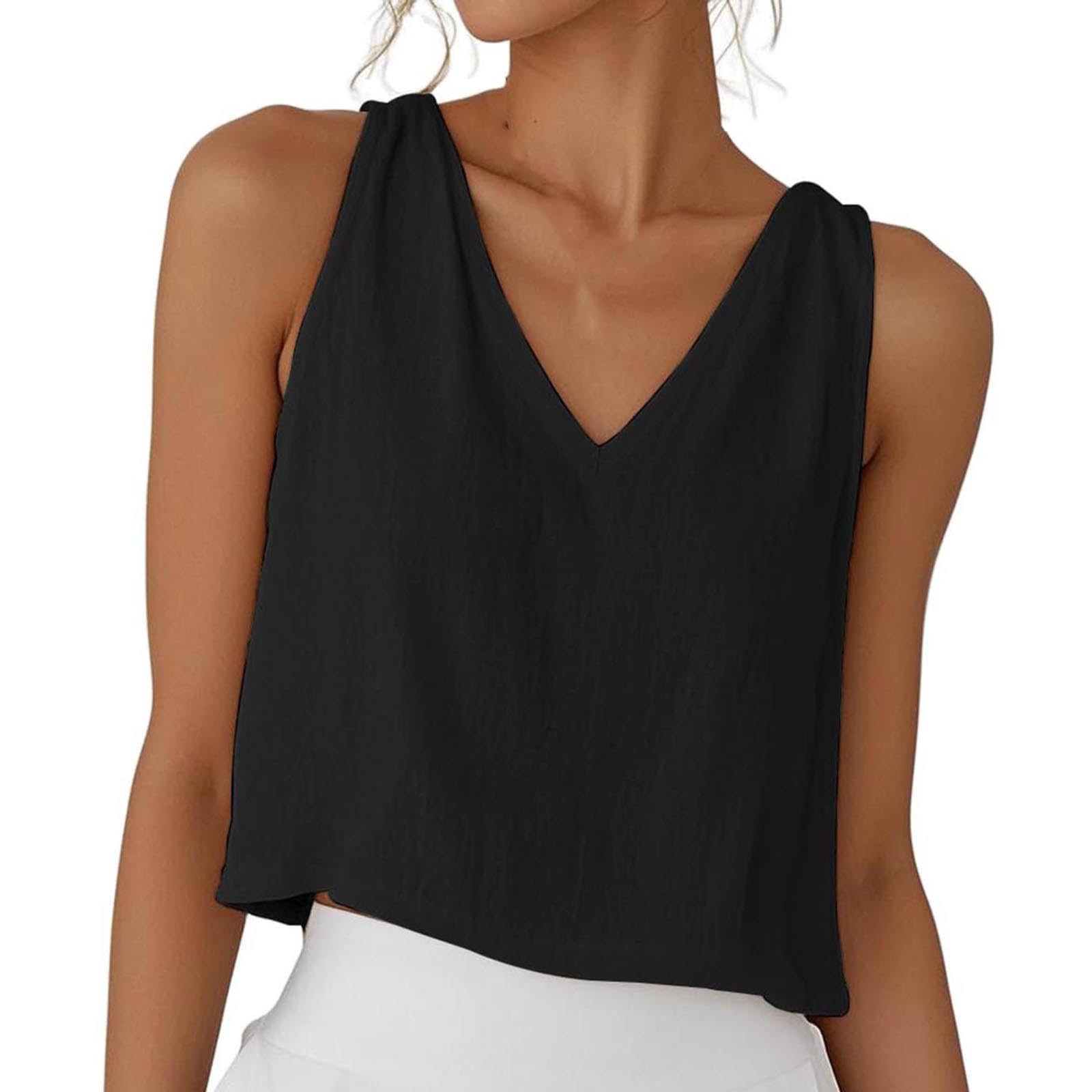 RLEHJN Tank Top Damen,Sommer Leinen V-Ausschnitt Tops Kurze Elegante Oberteile Ärmellose Shirts Baumwolle Einfarbige T-Shirts Basic Blusentop Musselin Tanktops Trägertop Trägershirt