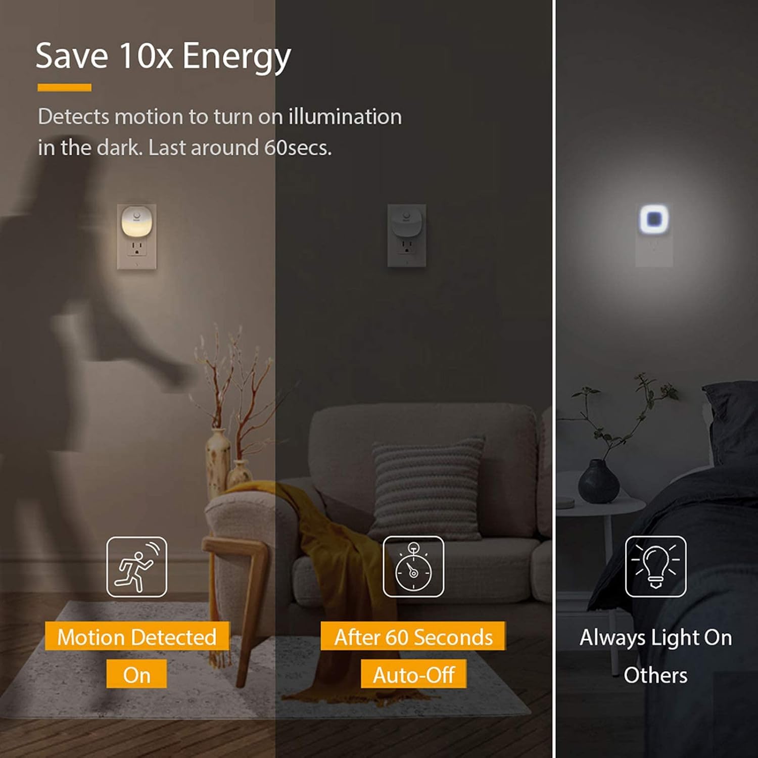 Night Light [Upgrade], Lyridz LED Warm White Plug in Nightlight with Auto Dusk-to-Dawn Motion Sensor, 3 Modes, Adjustable Brightness, Compact Size for Hallways, Stairs, Bedroom, Kitchen, 6-Pack