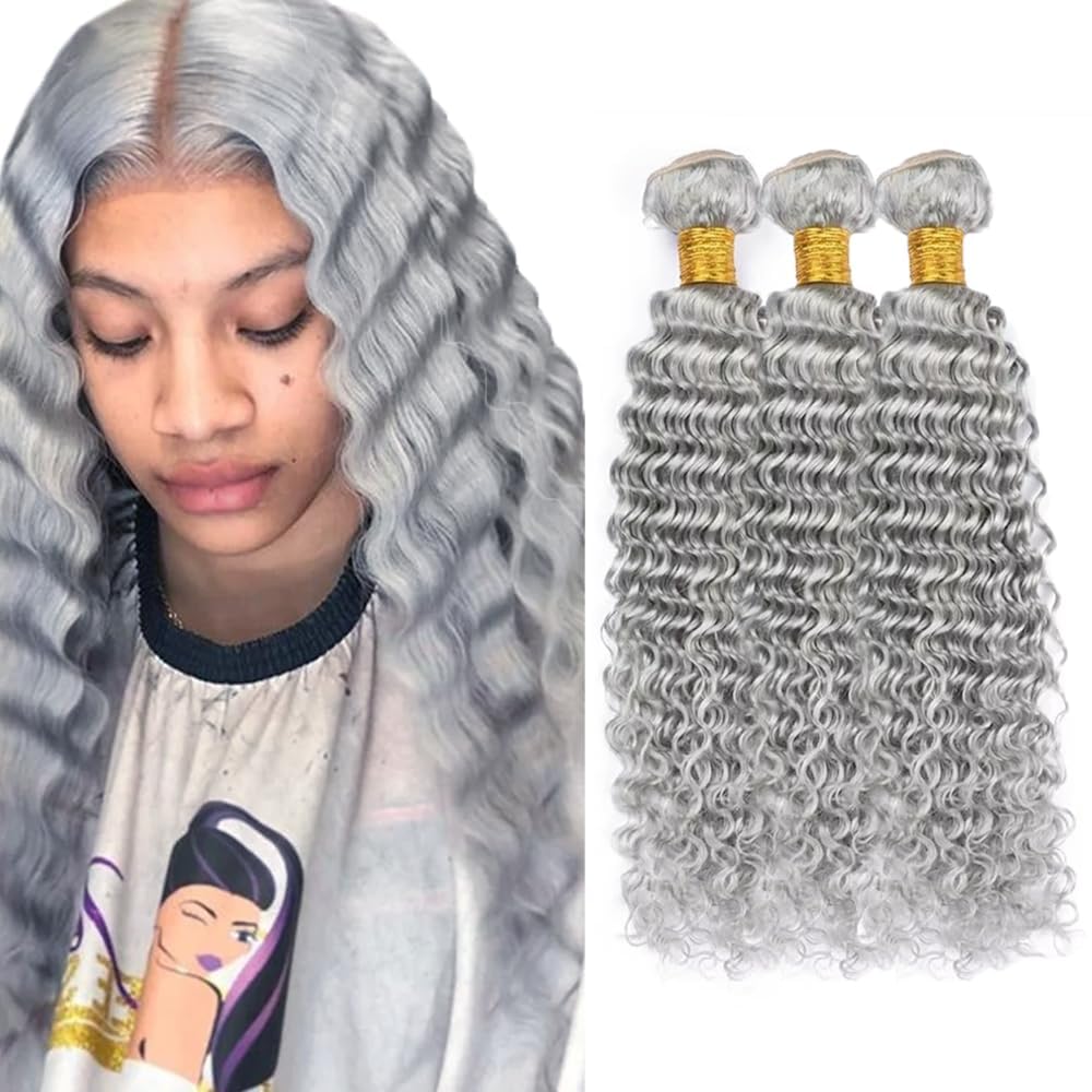 Human Hair Bundles 16 18 20 inch Sliver Grey Deep Wave Human Hair Bundles Unprocessed Brazilian Virgin Weft Weave for Black Women