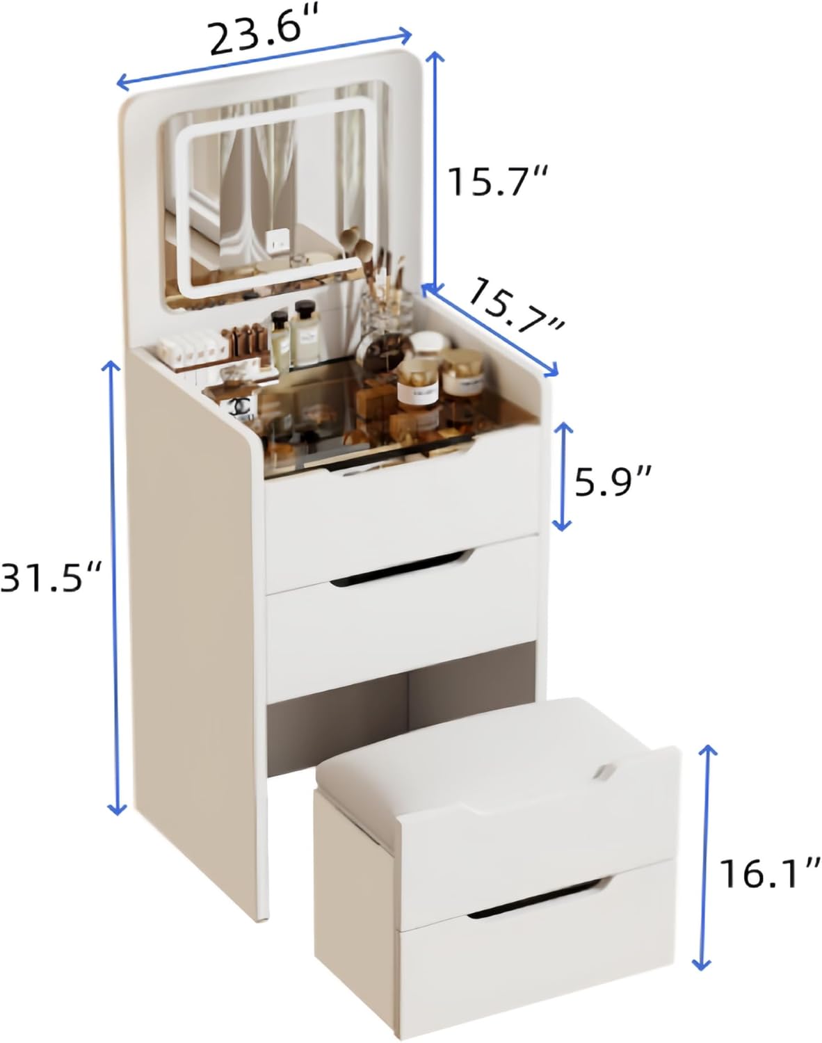LUMISOL 3 in 1 Vanity Desk Set with Stool, Mirror and Light, Vanity Desk with Cushioned Tool and Drawers, 3 in 1 Compact Makeup Vanity with Stool for Small Space, Dressing Table, White