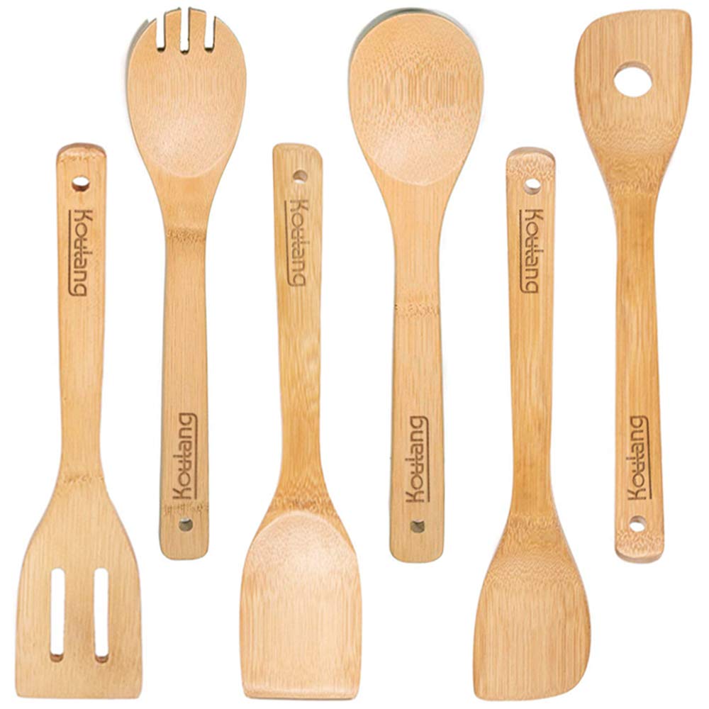 Photo 1 of 6 Packs - Bamboo Kitchen Utensils Set - Wooden Spoons for Cooking Wood Spatula Natural Healthy Cooking Tool Nonstick Spoon Lightweight 