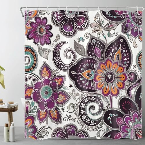 LB Bohemian Paisley Floral Shower Curtain Purple and Black Flower Pattern Boho Bathroom Shower Curtain Retro Abstract Bathroom Curtain with Hooks 72Lx72W Inch Polyester Fabric Bath Curtain